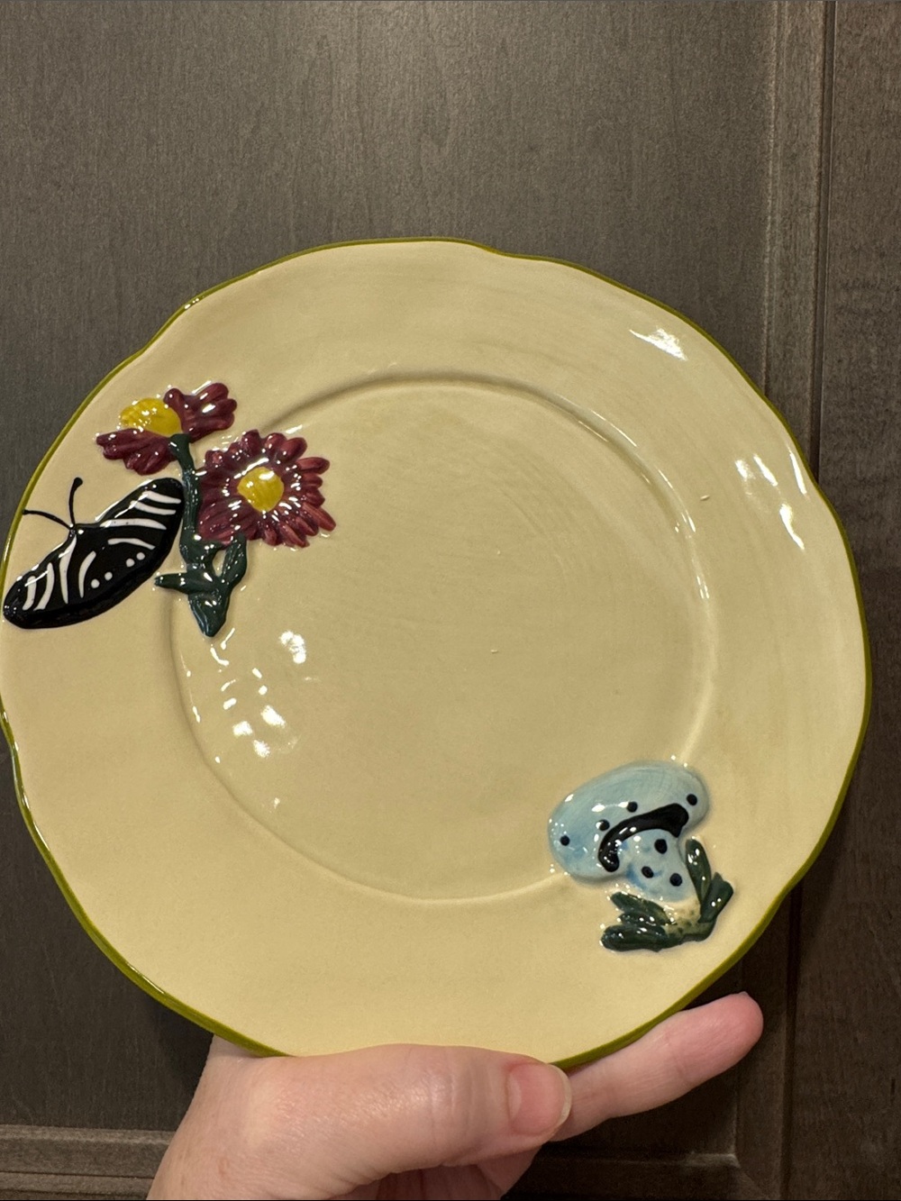 Hand-Painted Cream Ceramic Dinner Plate with Floral & Butterfly Motif